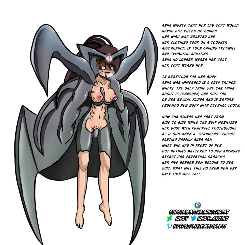 accidental_hypnosis anna_(daehy) breasts brown_hair caption drool empty_eyes english_text femsub fusion glowing glowing_eyes happy_trance idpet long_hair original pussy red_eyes slime symbiote text