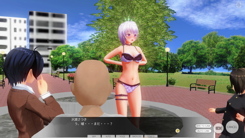 3d antenna arms_above_head aware belt blue_eyes blush body_control boots bra brown_hair business_suit collar crown dialogue embarrassed glasses hitori humiliation jewelry multiple_girls original panties posed purple_eyes purple_hair remote_control short_hair tech_control text underwear undressing unhappy_trance