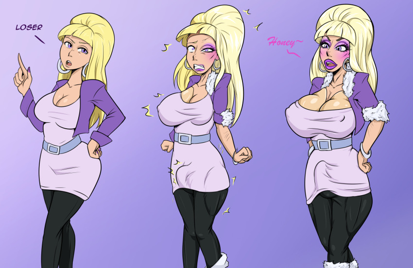 aged_up blonde_hair boots breasts bulge comic diggerman disney earrings erection erection_under_clothes femsub gravity_falls jewelry latex lipstick makeup masculinization nail_polish pacifica_northwest penis purple_eyes purple_lipstick simple_background text transformation transgender