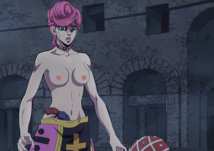bare_shoulders body_swap breasts choker collarbone david_productions erect_nipples expressionless female_only green_eyes guido_mista gun jojo's_bizarre_adventure manip open_mouth pink_hair pink_lipstick possession short_hair skirt solo standing topless trish_una worldian