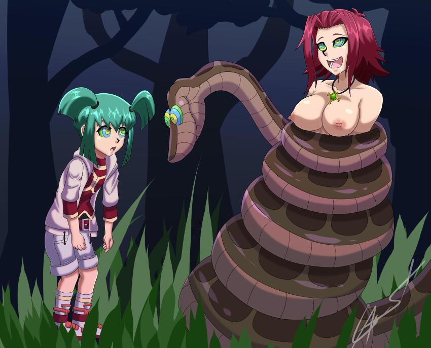 absurdres akiza_izinski breasts coils disney drool expressionless femsub green_hair happy_trance hypnotic_eyes kaa kaa_eyes loquillo luna multiple_girls multiple_subs necklace nipples open_mouth red_hair slouching snake the_jungle_book topless yu-gi-oh! yu-gi-oh!_5d's