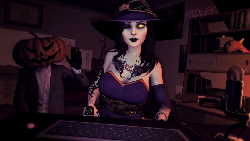 3d black_hair blue_eyes breasts femsub glowing glowing_eyes halloween hat large_breasts long_hair ridley_(artist) smile source_filmmaker tattoo text witch witch_hat