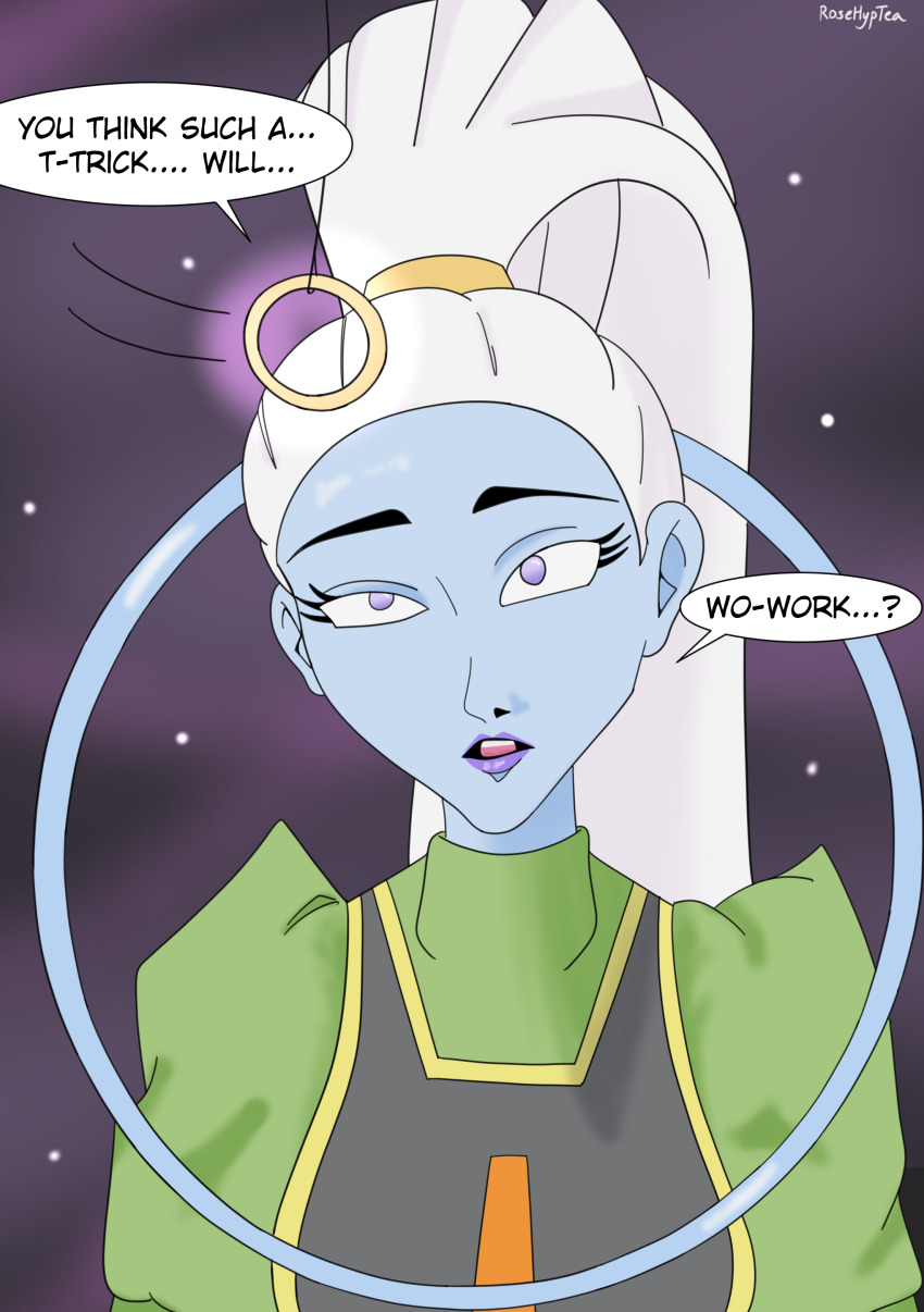 absurdres angel blue_skin clothed denial dragon_ball dragon_ball_super empty_eyes female_only femsub glowing halo heavy_eyelids long_hair pendulum ponytail purple_eyes rosera signature solo text vados white_hair