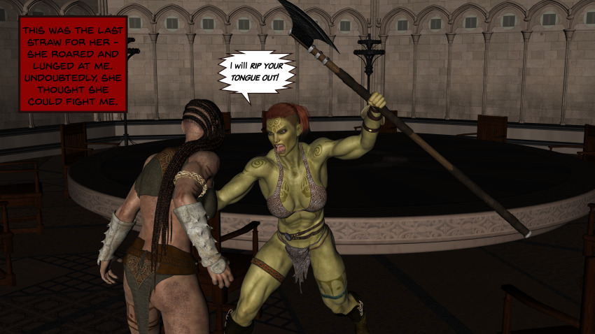 3d abs absurdres angry breasts brown_hair comic dialogue dreadlocks female_only green_skin large_breasts long_hair muscle_girl orc orc_girl red_hair text the_mad_prince