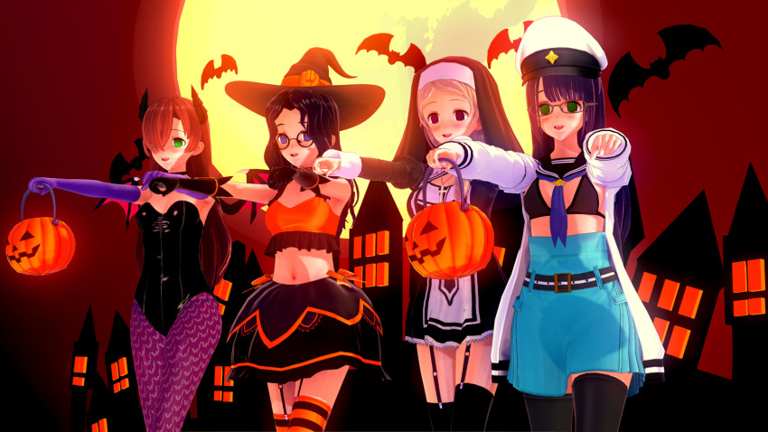 blue_eyes cosplay demon_girl empty_eyes femsub green_eyes halloween koikatsu! looking_up_to_magical_girls matama_akoya nun original purple_eyes surrisaki tina_(surrisaki) witch zombie_walk