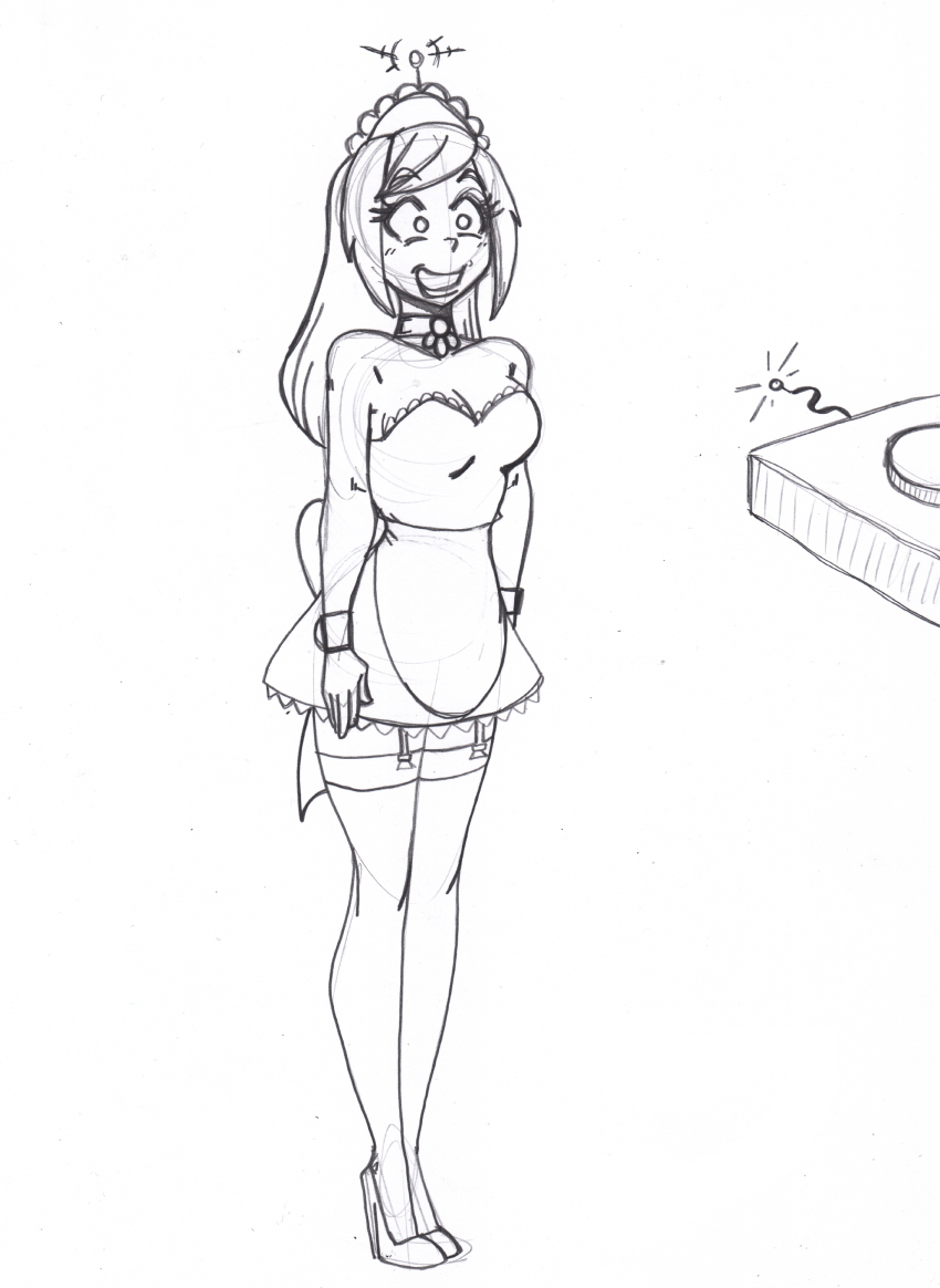 absurdres antenna breasts crazycowproductions empty_eyes femsub greyscale happy_trance large_breasts long_hair maid monochrome open_mouth remote_control smile standing standing_at_attention tech_control