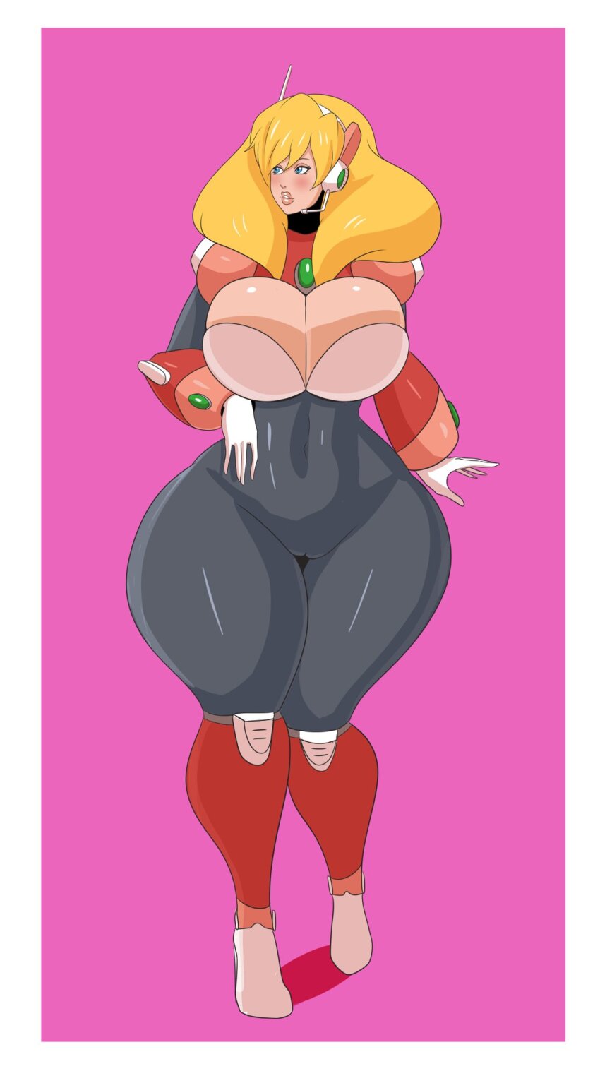 alia bimboannon bimbofication blonde_hair blush breasts capcom female_only headphones high_heels large_breasts large_lips long_hair megaman_(series) megaman_x_(series) pussy robot smile solo thick_thighs thighs