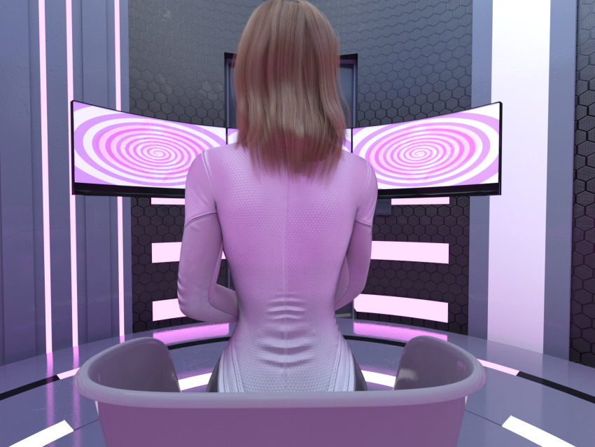 3d 4321sleep blonde_hair chair corruption female_only femsub leotard long_hair monitor original sitting solo spiral