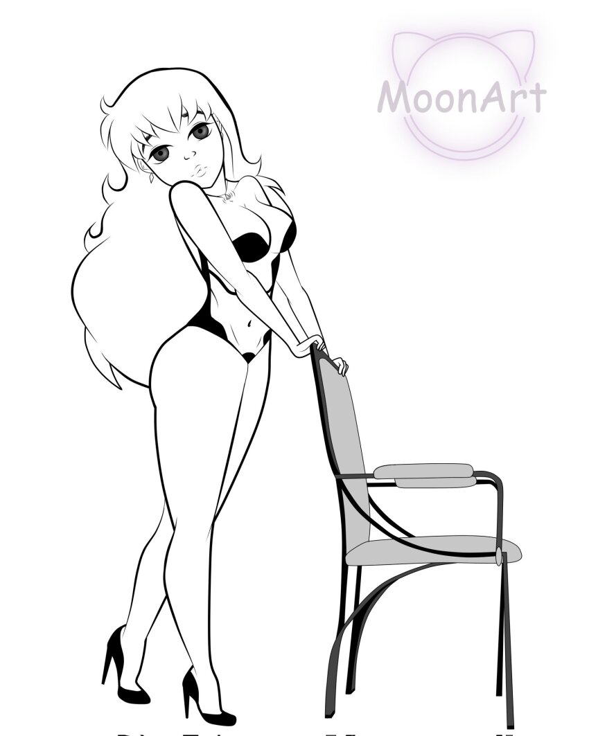 chair emi_ogasawara empty_eyes female_only femsub ghost_sweeper_mikami high_heels lingerie long_hair looking_at_viewer monochrome moonart necklace solo