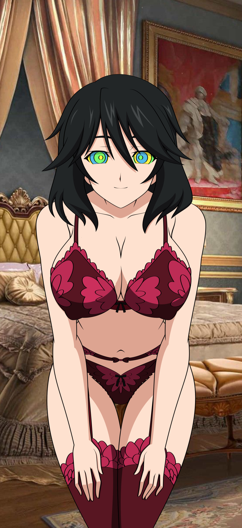 absurdres bed bedroom black_hair breasts cleavage female_only femsub happy_trance infinite_stratos jimryu kaa_eyes large_breasts leaning_forward lingerie looking_at_viewer navel orimura_chifuyu short_hair smile solo thighhighs underwear