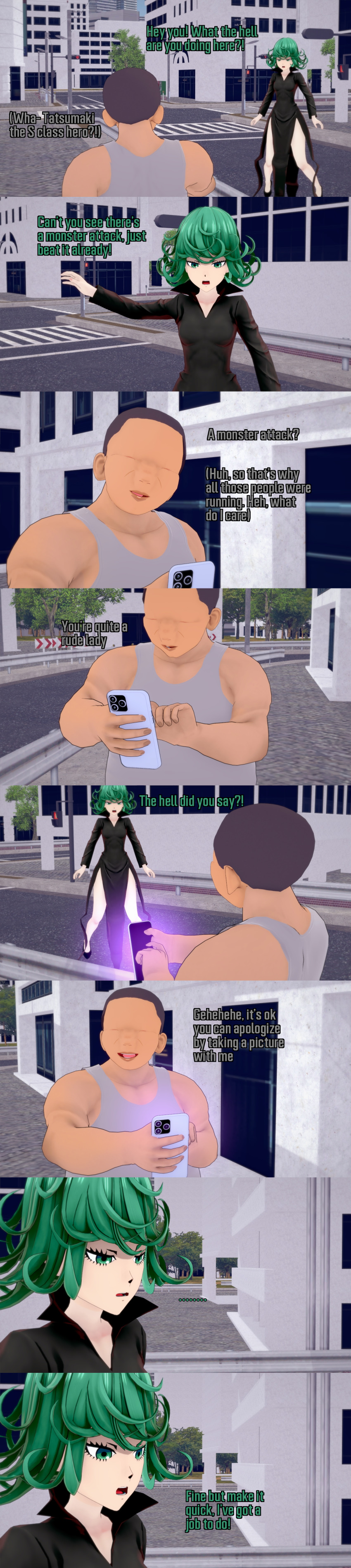 absurdres angry aware clothed dialogue english_text fat glowing green_eyes green_hair one_punch_man phone tatsumaki_(one_punch_man) text ugly_bastard zenin1