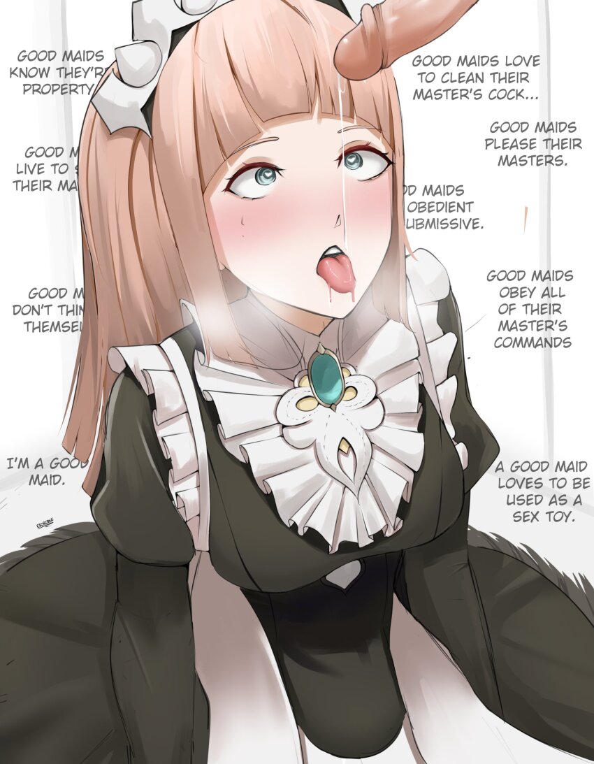 absurdres bangs blonde_hair blue_eyes blush breasts breath clothed cum cum_in_mouth drool english_text eroborne felicia_(fire_emblem) femsub fire_emblem fire_emblem_fates good_sub_conditioning heart_eyes kneeling maid maid_headdress maledom mantra nintendo open_mouth panting penis ponytail precum skirt spiral_eyes sweat text tongue tongue_out