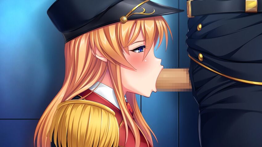 blonde_hair blowjob_face blue_eyes blush censored clothed_sex erection fellatio femsub hat huracan kyonyuu_gunjin_shihai_saimin long_hair lune lydia_weisswenger maledom military_hat military_uniform oral pants penis sex standing uniform