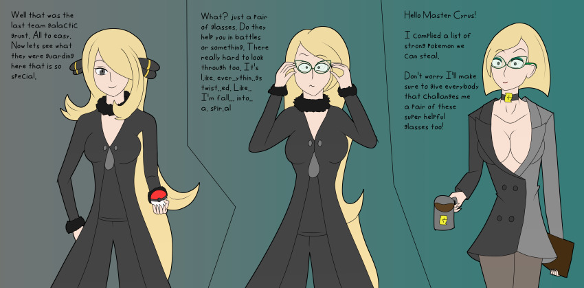 alternate_costume alternate_hairstyle black_eyes breasts business_suit choker cleavage clipboard collarbone corporatification cynthia dialogue dress enemy_conversion female_only femsub forced_employee glasses hair_covering_one_eye hair_ornament happy_trance hy2300 large_breasts maledom nintendo pokeball pokemon pokemon_diamond_pearl_and_platinum short_hair shrunken_irises simple_background smile spiral_eyes symbol_in_eyes team_galactic text very_long_hair