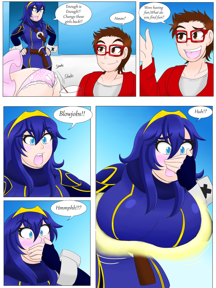 absurdres blue_eyes blue_hair blush breast_expansion breasts brown_eyes brown_hair comic dancing femsub fire_emblem fire_emblem_awakening glasses kobi94 large_breasts long_hair lucina maledom nintendo open_mouth panties princess text twerk underwear