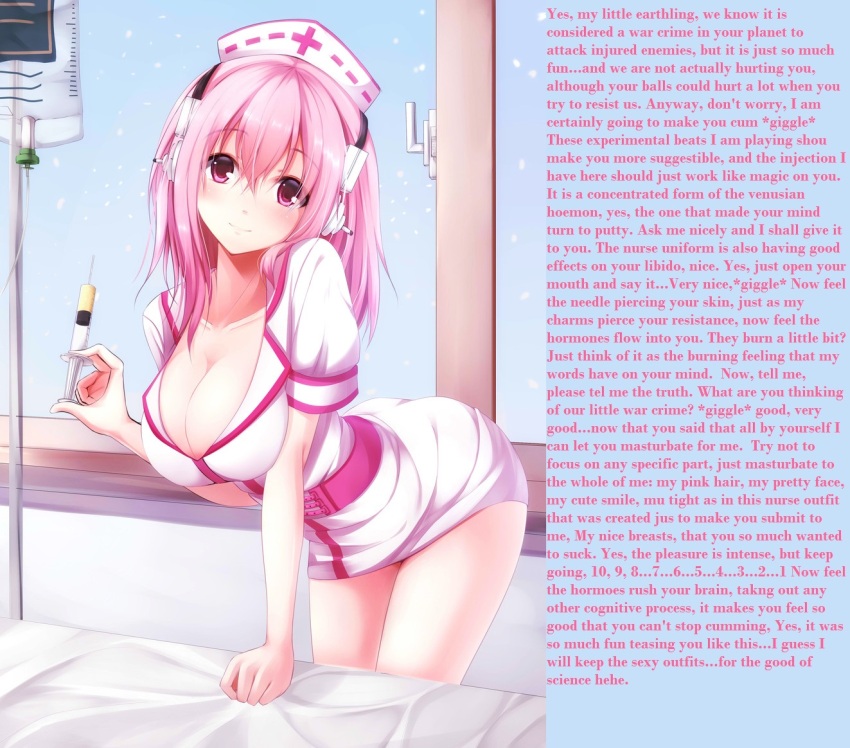 breasts caption countdown cumming_out_brain female_only femdom hanging_breasts hat hypnotic_drug hypsubject_(manipper) injection large_breasts leaning_forward looking_at_viewer male_pov manip masturbation_command needle nitroplus nurse orgasm_command pov pov_sub super_sonico syringe text