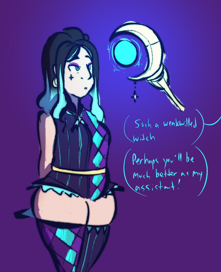 black_hair blue_eyes chubby clothed dialogue earrings eyeshadow face_paint female_only femsub glowing_eyes gradient_background hypnotic_light inkyfluffsdraws long_hair magician makeup purple_lipstick simple_background solo staff standing standing_at_attention text thighhighs