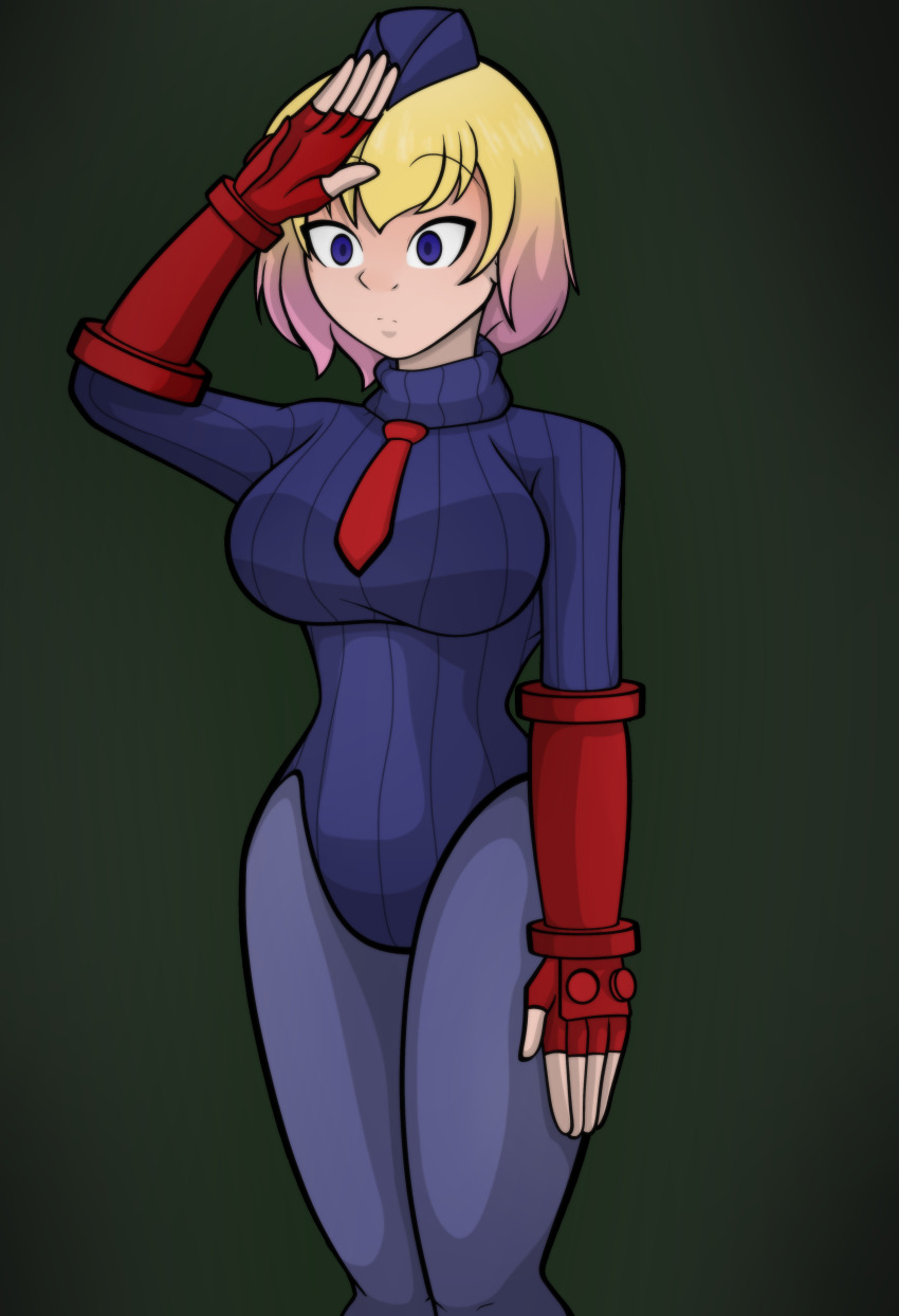 blonde_hair disguised_hypnotist empty_eyes expressionless female_only femsub gwen_poole gwenpool marvel_comics pink_hair saluting shadaloo_dolls standing_at_attention street_fighter tagme