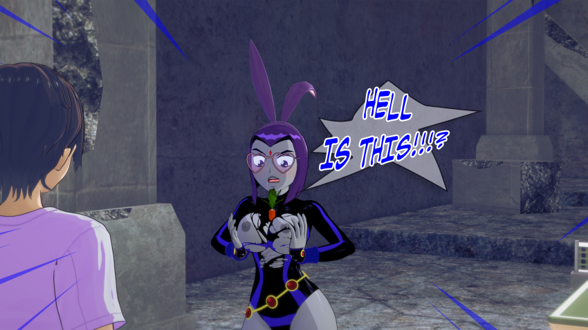 angry aware black_hair breasts bunny_ears carrot clothed dc_comics dialogue dogdog drool english_text glasses goth grey_skin heart nipples purple_eyes purple_hair raven text torn_clothes