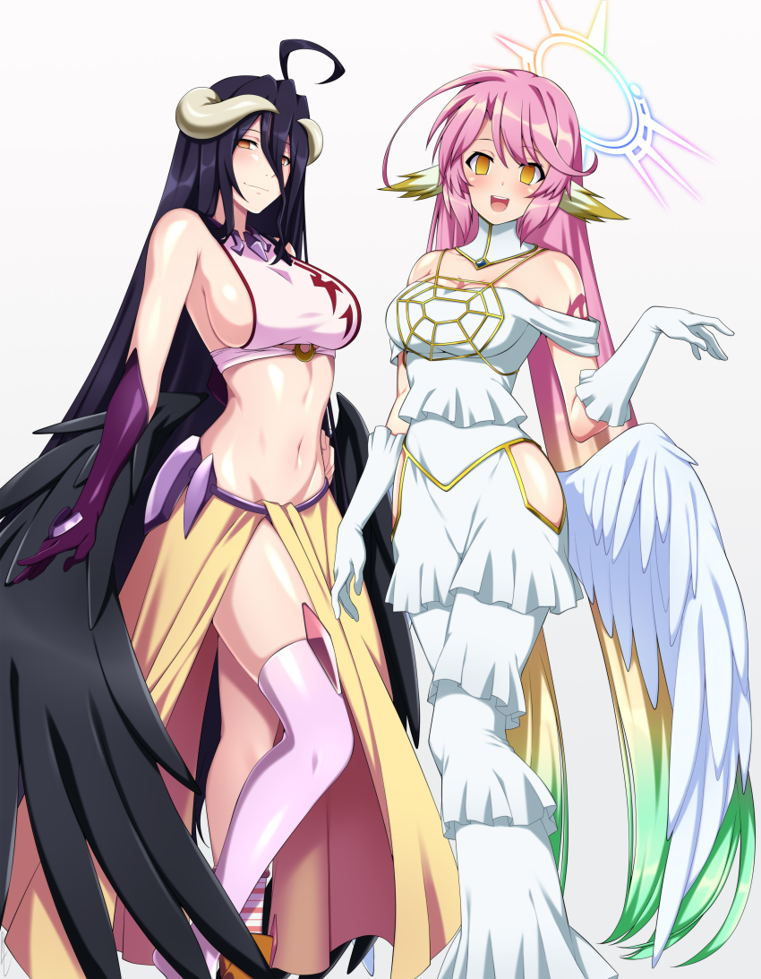 ahoge albedo_(overlord) alternate_costume black_hair blush dress empty_eyes female_only femsub gloves glowing_eyes halo horns jewelry jibril large_breasts large_hips lindaroze long_hair looking_at_viewer manip misterman4_(manipper) multiple_girls necklace no_game_no_life open_mouth overlord pink_hair smile tagme thighhighs wings