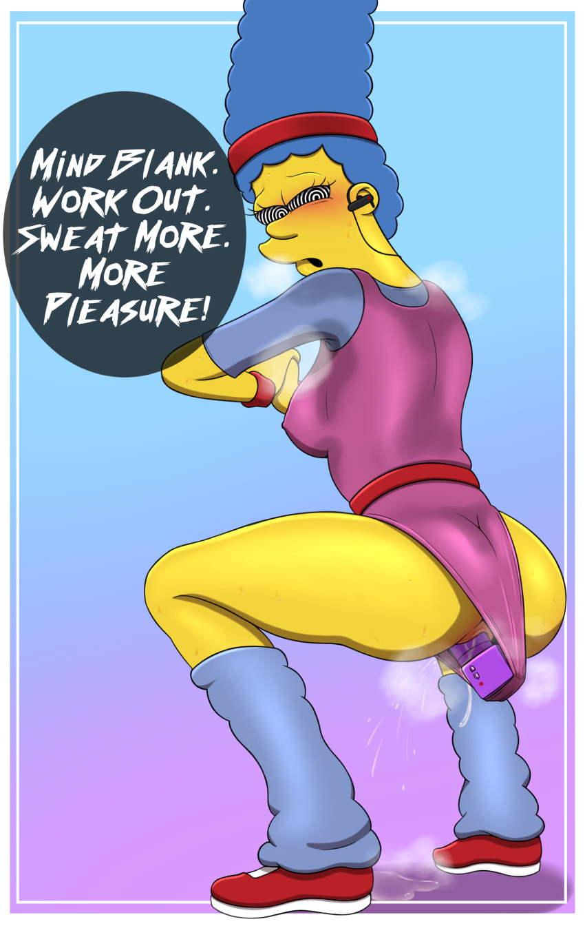 addictive blue_hair earbuds exercise femsub gradient_background honeycums hypnotic_audio leotard marge_simpson sex_toy spiral_eyes squirting sweat the_simpsons vibrator western yellow_skin
