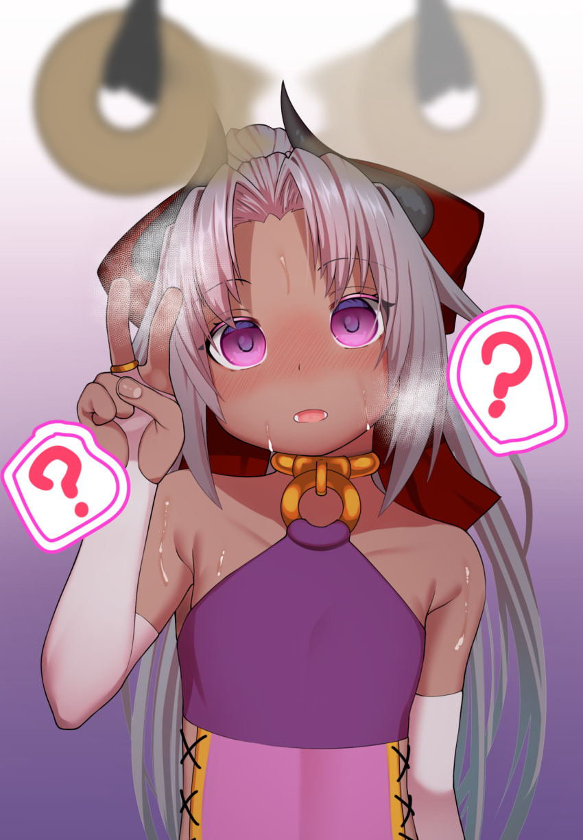 bare_shoulders bow coin collar collarbone confused dark_skin empty_eyes expressionless female_only femsub fingerless_gloves flat_chest gloggy gradient_background grey_hair horns jewelry looking_at_viewer opera_gloves original pendulum ponytail purple_eyes ribbon ring solo sweat v