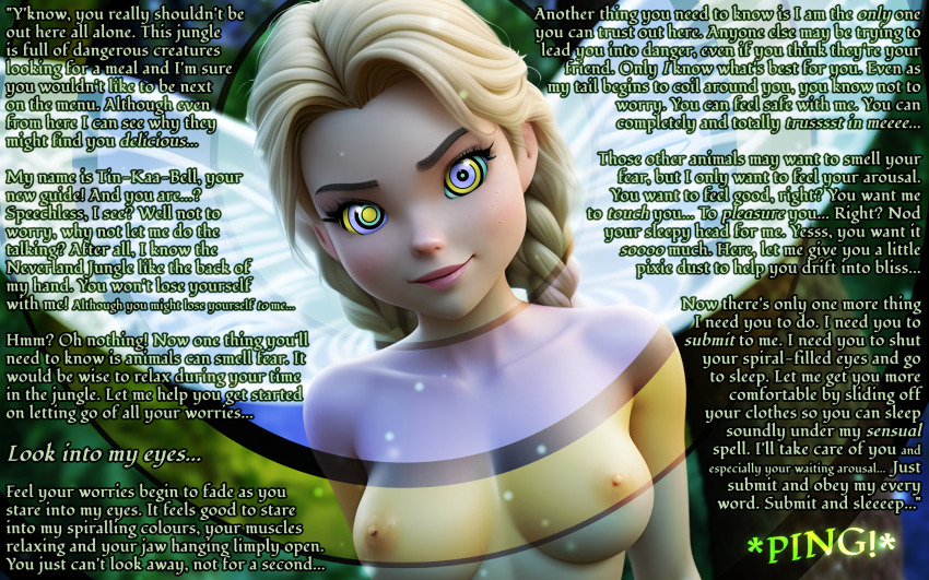 ai_art bare_breasts blonde_hair breasts caption dialogue disney fairy femdom fusion hypnotic_eyes kaa_eyes large_breasts monster_girl naga_girl nude peter_pan_(movie) ping pov pov_sub short_hair sleep_command smile suppas_(manipper) text tin-kaa_bell_(thescaletrain) tinkerbell topless wings