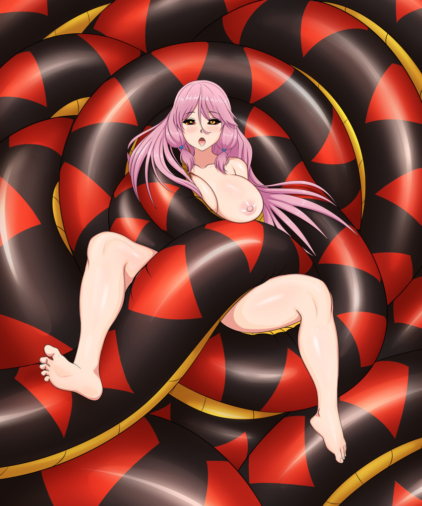 bare_legs barefoot blush bottomless breasts cleavage coils collarbone feet female_only femsub flare_arlgrande_jioral_(freya) hair_ornament huge_breasts jemisha_(violet-scales) large_breasts long_hair nic0_robin69 nipples nude open_mouth pink_hair redo_of_healer restrained ring_eyes snake topless very_long_hair