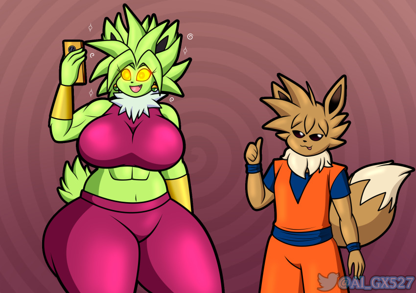 al_gx breasts comic cosplay crossover dragon_ball dragon_ball_super dragon_ball_z earrings eevee furry glowing glowing_eyes goku green_hair happy_trance jolteon kefla large_breasts maledom nintendo open_mouth pokemon size_difference smile sportswear text