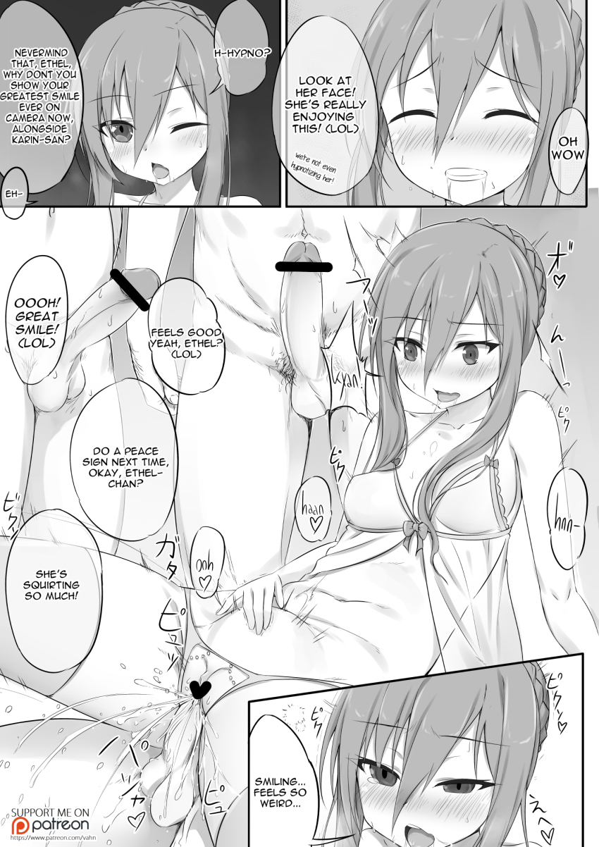 blush bottomless breasts comic cum dazed drool ethel_(fairy_fencer_f) fairy_fencer_f femsub greyscale large_breasts long_hair maledom nude open_mouth penis pubic_hair pussy pussy_juice sex text thighhighs tongue tongue_out topless unaware underwear vaginal vahn_yourdoom western