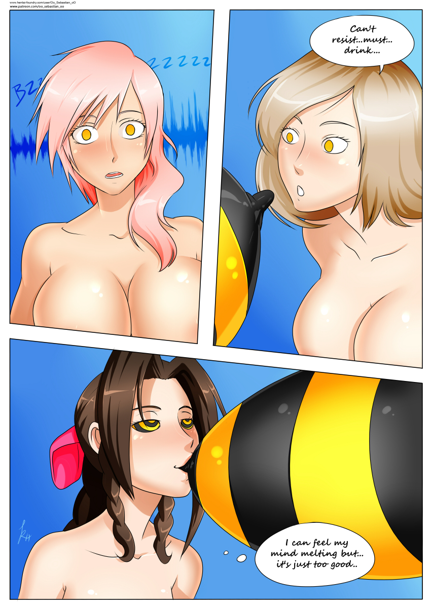 absurdres aerith_gainsborough ashelia_b'nargin_dalmasca bee_girl bee_suit black_hair black_sclera bottomless breasts brown_hair bug_girl cleavage comic empty_eyes english_text female_only femdom femsub final_fantasy final_fantasy_vii final_fantasy_xii final_fantasy_xiii happy_trance hypnotic_audio hypnotic_food large_breasts lightning_farron long_hair multiple_girls nude oo_sebastian_oo pink_hair ring_eyes short_hair smile speech_bubble surprised text topless