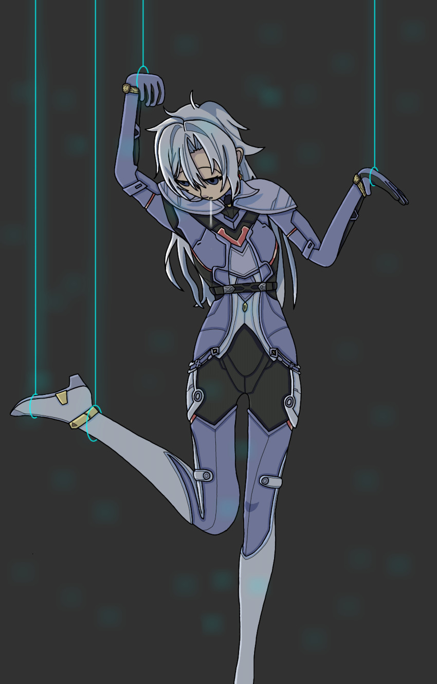 a_(xenoblade) absurdres ahoge anklet arm_bands blue_eyes bodysuit clothed dark_skin dazed drool earrings empty_eyes esbypno expressionless female_only femsub gloves grey_hair high_heels human_puppet jacket jewelry long_hair nintendo non-binary_sub open_mouth puppet shoulder_pads simple_background solo standing thigh_boots thigh_heels thighhighs xenoblade_chronicles xenoblade_chronicles_3 xenoblade_chronicles_3_future_redeemed