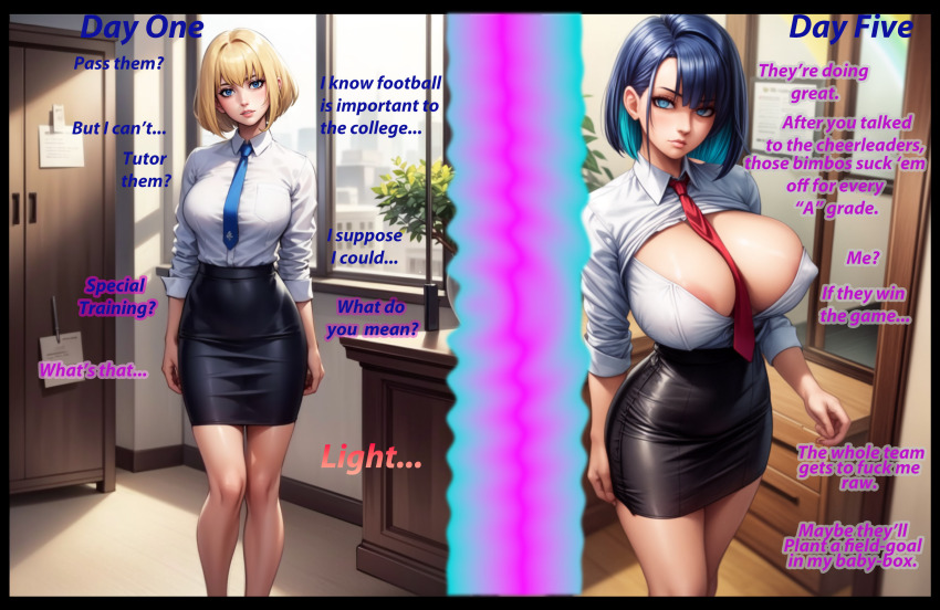 ai_art bangs bare_legs before_and_after bimbofication blonde_hair blue_eyes blue_hair breast_expansion breasts business_suit caption cleavage clothed_exposure dialogue erect_nipples_under_clothes expressionless female_only femsub gregory_michelson_(generator) huge_breasts looking_at_viewer nipples office_lady short_hair skirt standing text tie tie_in_cleavage