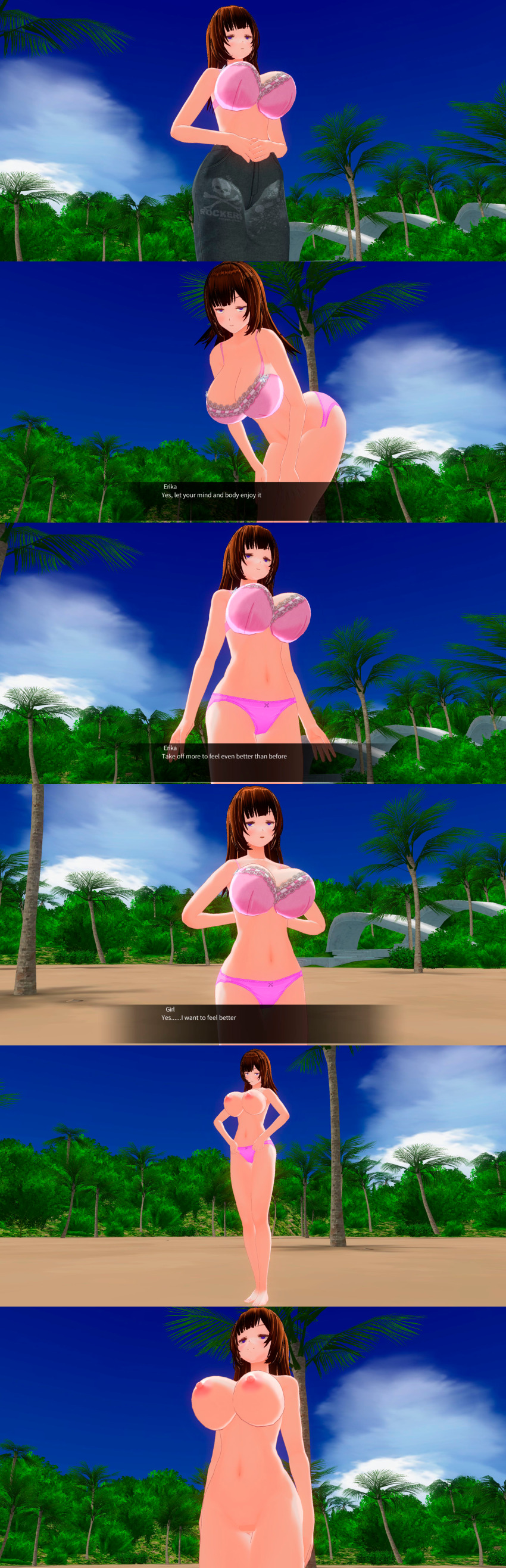 3d barefoot beach blue_eyes bottomless bra breasts brown_hair comic custom_maid_3d_2 empty_eyes expressionless feet female_only femsub lolislove nipples nude panties smile standing text topless underwear undressing