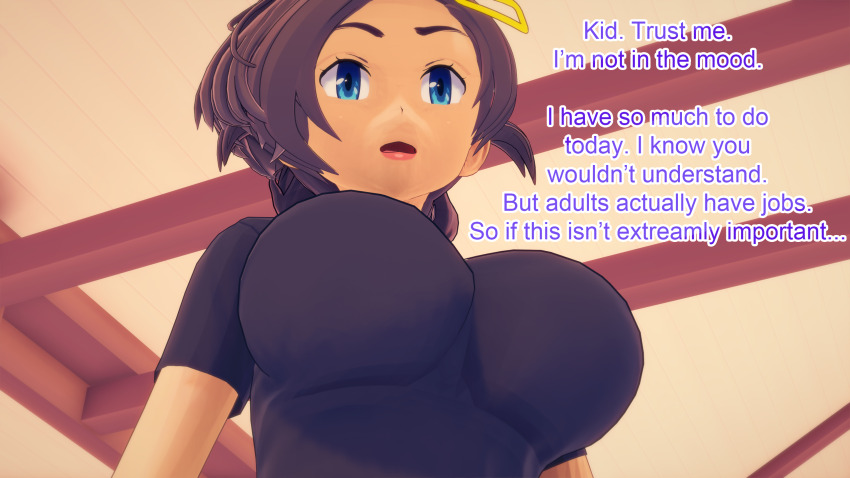 aware blue_eyes brown_hair clothed dialogue english_text female_only grace_(pokemon) hair_clips milf mustardsauce pokemon pokemon_(anime) solo text