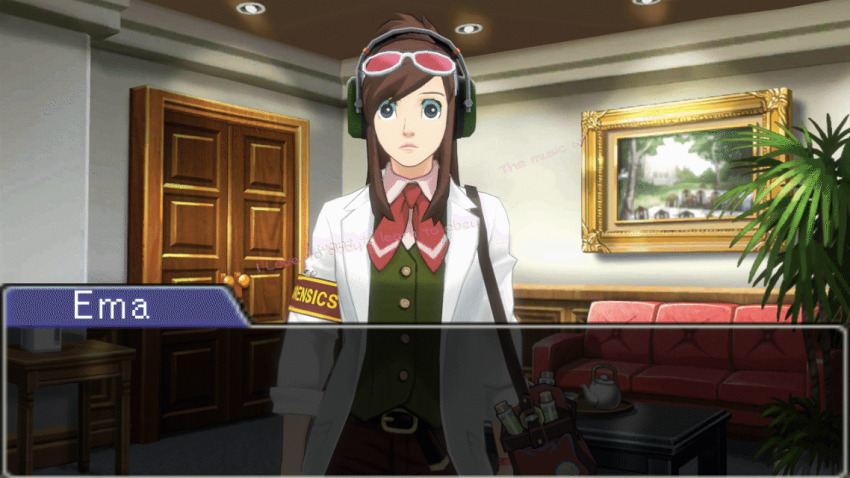 3d ace_attorney animated animated_gif breasts brown_hair clothed dialogue ema_skye female_only femsub headphones hypnotic_audio hypnotic_music large_breasts legsweepboxer long_hair mantra source_filmmaker standing tech_control text