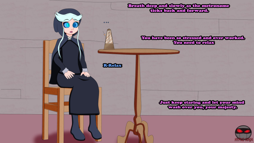 blue_eyes boots cape chair cloak disney dress femsub hood hypno_ninja metronome moon_butterfly open_mouth ring_eyes royalty signature silver_hair simple_background star_vs_the_forces_of_evil table text