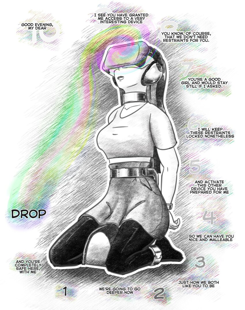 arms_behind_back female_only femsub greyscale headphones kneeling original plasma-dragon restrained sybian tech_control text visor