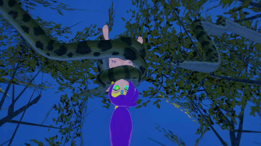 3d absurdres bare_breasts bare_legs bare_shoulders barefoot breasts coils disney earrings elf_ears exposed_chest forest forked_tongue genie hair_ornament kaa kaa_eyes koikatsu! night nipples outdoors ponytail purple_hair shantae shantae_(series) smile snake thatguysly the_jungle_book topless very_long_hair