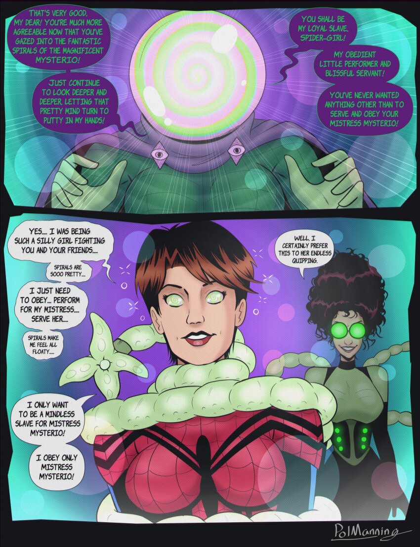 bodysuit breasts brown_hair coils comic dazed dialogue enemy_conversion female_only femdom femsub goggles happy_trance hypnotic_orb hypnotic_spiral marvel_comics may_mayday_parker missterio mysterio olivia_octavius polmanning restrained short_hair smile spider-girl spider-man_(series) spiral_eyes spiralwash_eyes super_hero tentacles text updo