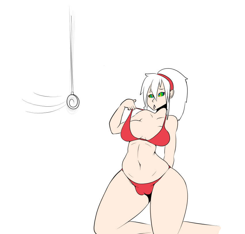 absurdres bikini breasts cameltoe female_only femsub kaa_eyes kneeling large_breasts long_hair midriff mixx54 open_mouth original pendulum ponytail spiral tongue tongue_out white_hair