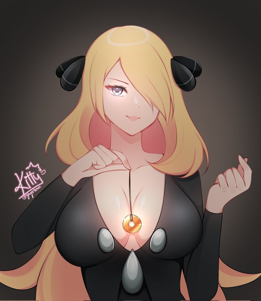 blonde_hair blue_eyes cleavage clothed coin collarbone cynthia eyelashes female_only femdom finger_snap gingerlemxn glowing glowing_eyes gradient_background grey_background hair_covering_one_eye hair_ornament large_breasts looking_at_viewer nintendo pendulum pokemon pokemon_diamond_pearl_and_platinum shirt signature simple_background smile solo very_long_hair