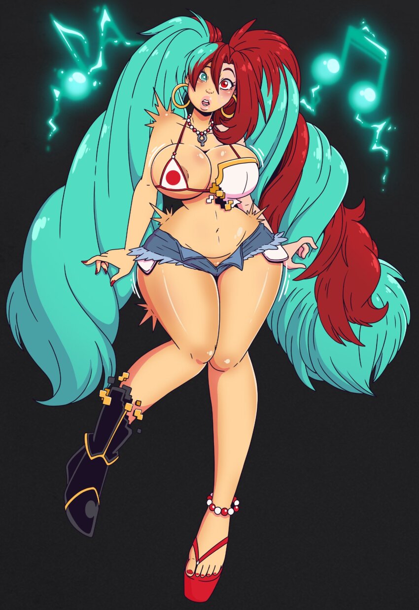 bikini bikini_top blue_eyes blue_hair clothed earrings female_only femsub jean_shorts jeans long_hair miku_hatsune necklace race_change red_eyes red_hair serena_(goldnightangel) shorts solo transformation twintails vocaloid wrenzephyr2