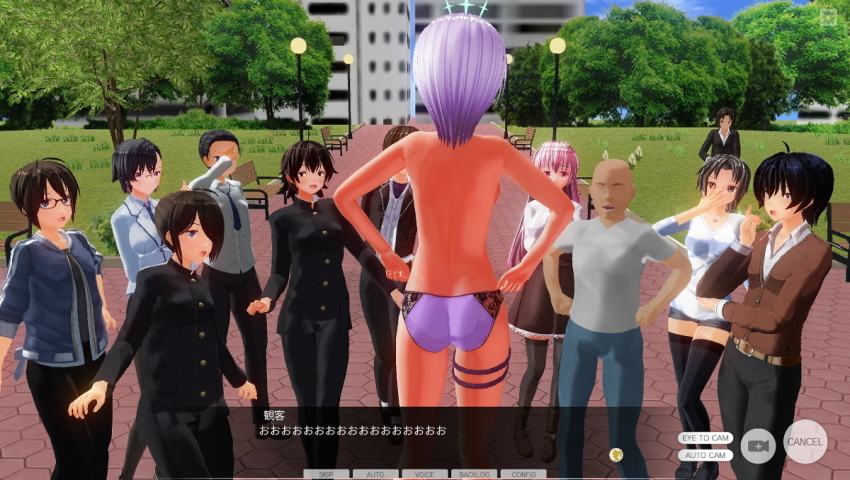 3d antenna arms_above_head ass aware belt blue_eyes blush body_control boots bra brown_hair business_suit collar crown dialogue embarrassed glasses hitori humiliation jewelry multiple_girls original panties posed purple_eyes purple_hair remote_control short_hair tech_control text underwear undressing unhappy_trance
