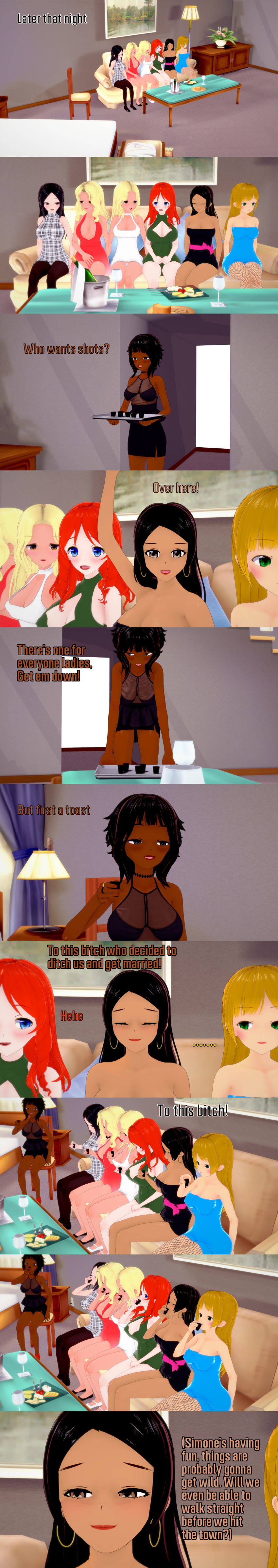 absurdres aware black_eyes black_hair blonde_hair blue_eyes brown_eyes closed_eyes clothed dark_skin dialogue divya_(veritas) english_text female_only green_eyes hannah_(veritas) long_hair melina_(veritas) multiple_girls paige_(veritas) red_eyes red_hair short_hair simone_(veritas) text veritas zenin1