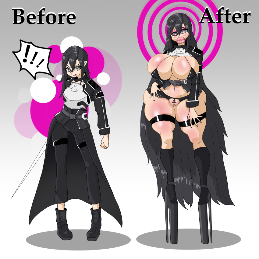 armor ass before_and_after black_hair blush boots breast_expansion breasts censored clothed clothed_exposure drool english_text eye_roll eyeshadow feminization femsub genderswap gradient_background green_eyes heart heart_eyes high_heels huge_ass huge_breasts huge_hips huge_lips kirito kneehighs long_hair makeup malesub midriff navel pants pussy reed7774 ring_eyes simple_background solo speech_bubble spiral sword sword_art_online symbol_in_eyes text thick_thighs very_long_hair weapon