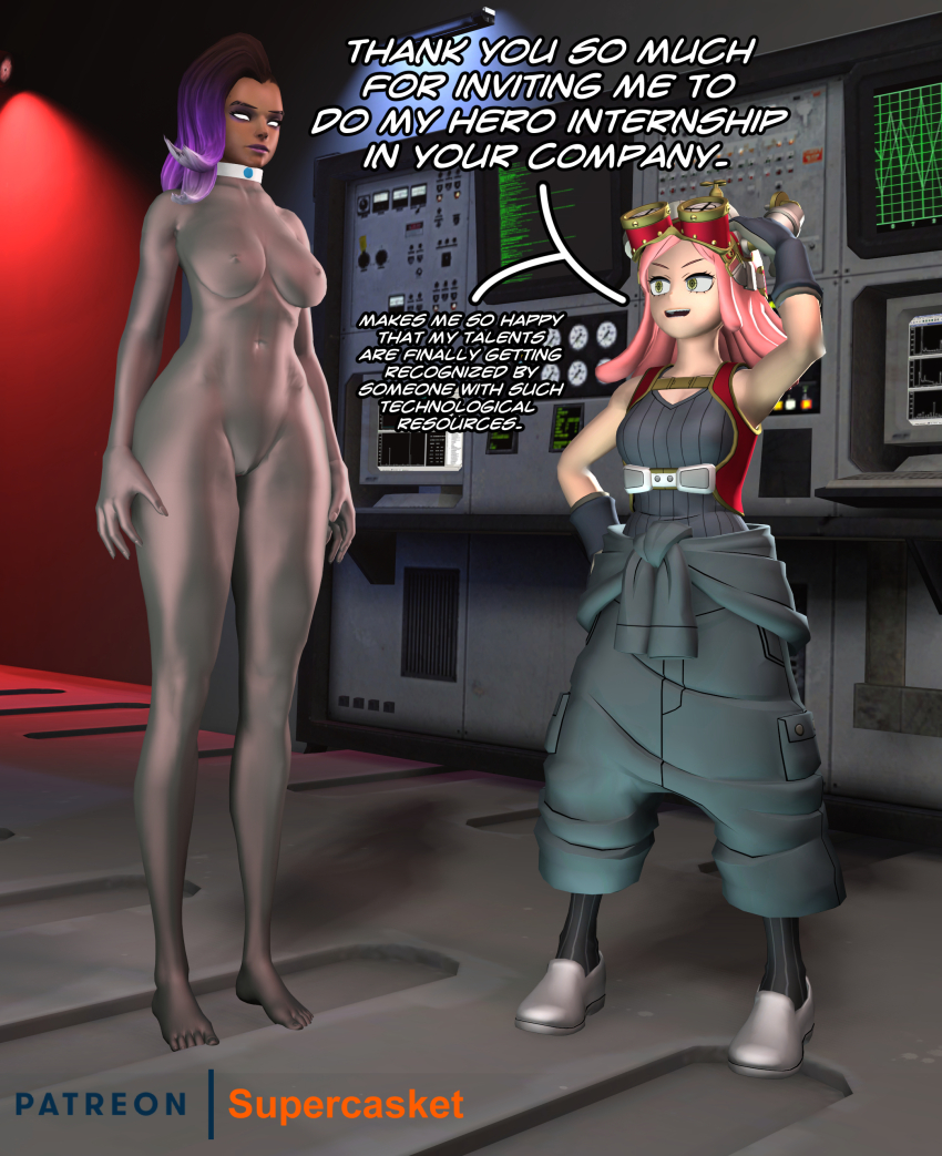 3d absurdres bodysuit breasts collar drone empty_eyes female_only femsub graybot mei_hatsume my_hero_academia overwatch sombra_(overwatch) source_filmmaker supercasket tech_control text