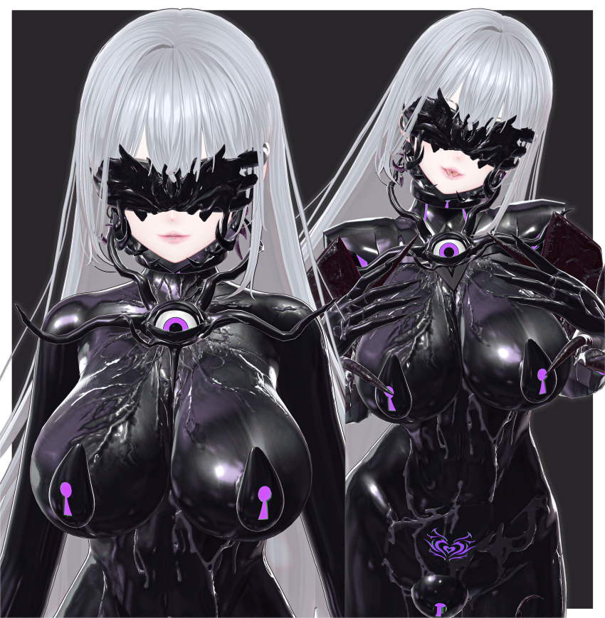 3d absurdres arms_above_head aura blindfold bodysuit boots breast_press claws crotch_tattoo expressionless female_only femsub futanari futasub gloves grey_background koikatsu! kuromaru large_breasts living_costume long_hair m.u.g.e.n. null_bulge original pad_lock parasite pasties possession purple_eyes simple_background sumxsum03 symbiote tentacles thigh_boots thighhighs white_hair