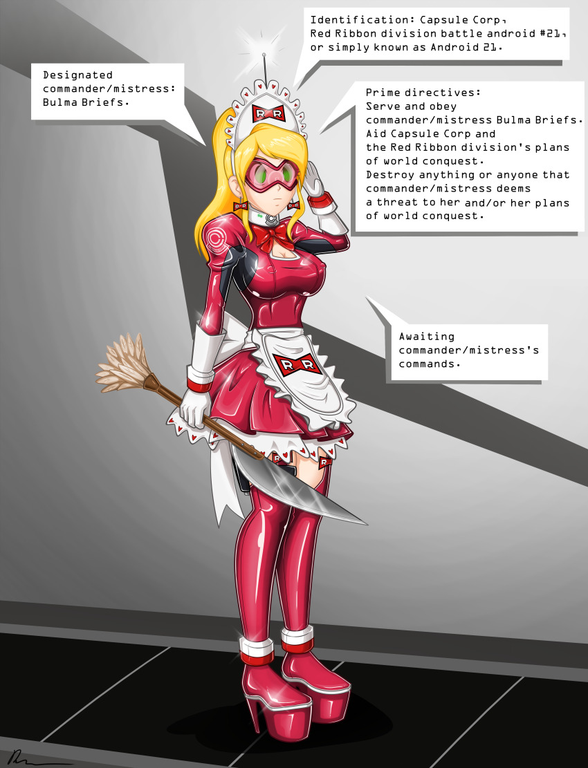 absurdres antenna apron blonde_hair breasts collar cosplay crimson_(stepfordcrimson) dragon_ball earrings empty_eyes erect_nipples expressionless feather_duster female_only femsub green_eyes high_heels jewelry large_breasts latex long_hair maid maid_headdress original rosvo saluting spiral standing standing_at_attention sword tech_control text thighhighs visor weapon