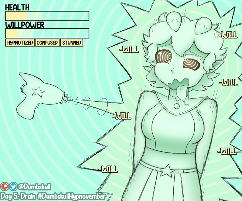 alien alien_girl arms_behind_back belt black_eyes confused crop_top curly_hair drool dumbskull earrings elf_ears eyebrows_visible_through_hair female_only femsub gameplay_mechanics green_background hypnotic_beam hypnotic_gun hypnovember open_mouth original progress_indicator ring_eyes short_hair skirt solo spiral_background standing suit text tongue_out turning_the_tables wrist_band